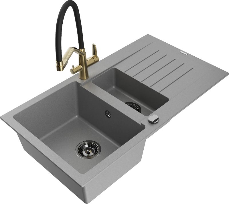 Zlewozmywak granitowy Mexen Matias 1,5-komorowy z ociekaczem i baterią kuchenną Elia czarny - 6502-76-670101-76 1 szt.