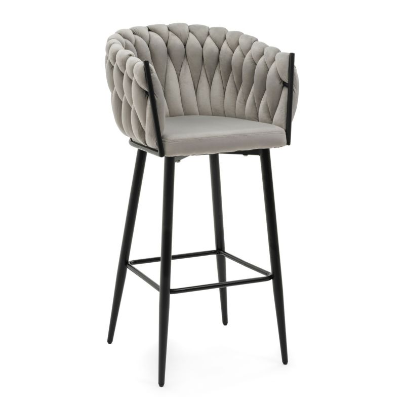 Hoker barowy tapicerowany New Home LATINA jasnoszary welurowy pleciony z podłokietnikami 1 szt.