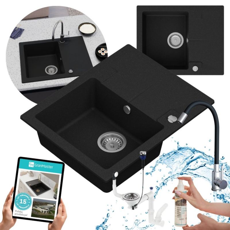 Zestaw zlewozmywak kuchenny GranMaster Caro 1-komorowy z ociekaczem, baterią i impregnatem, czarny metalik 1szt.