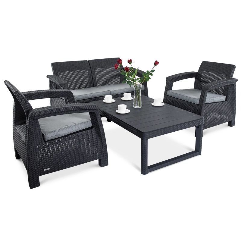 Zestaw Mebli Ogrodowych Keter na Balkon CORFU Stolik LYON 2xFotel Grafitowy 1 kpl