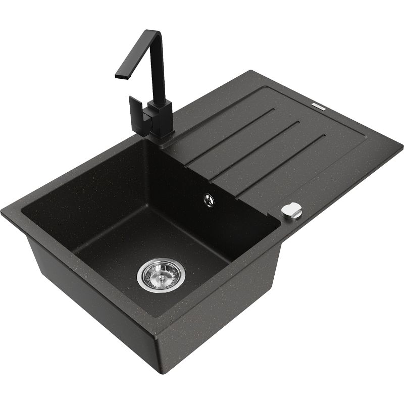 Zlewozmywak granitowy 1-komorowy Mexen Bruno z ociekaczem i baterią Rita czarny/złoty metalik - 6513-75-670300-70-B 1 szt.