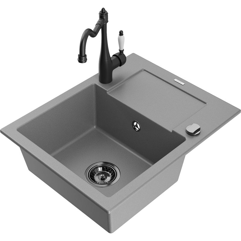 Zlewozmywak granitowy 1-komorowy Mexen Enzo z ociekaczem i baterią kuchenną Carla szary 6506-71-670700-70-B