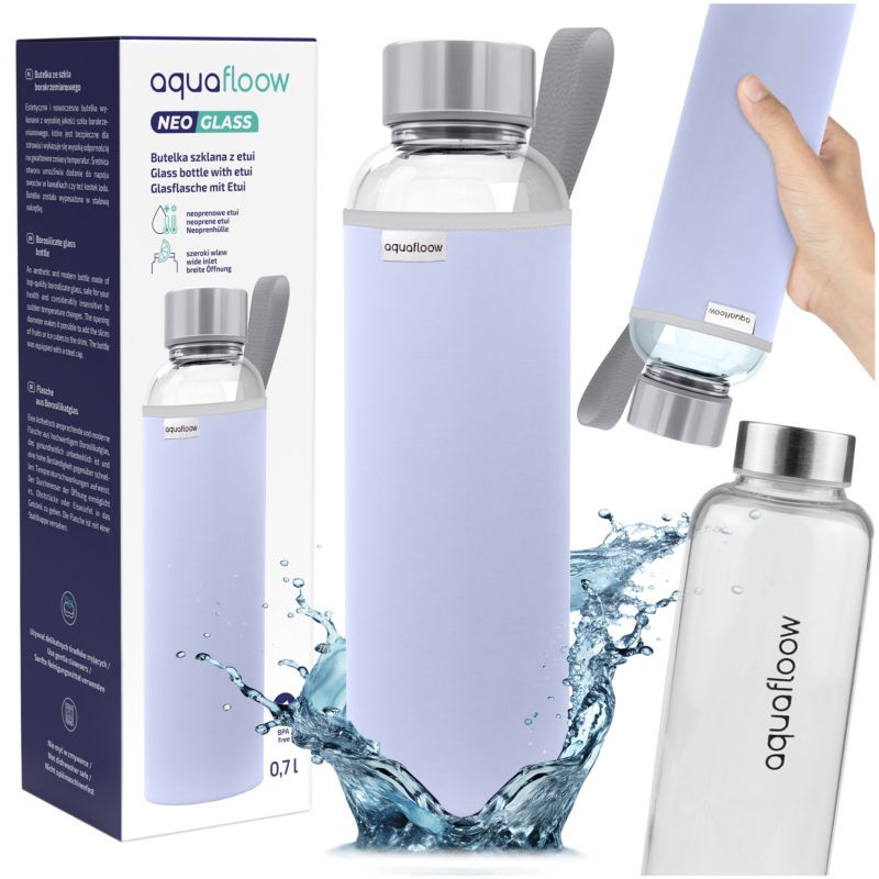 Butelka na wodę, AquaFloow, szklana, z neoprenowym etui, 700ml, bez BPA, szkło borokrzemowe, szczelna, fioletowy, 1szt