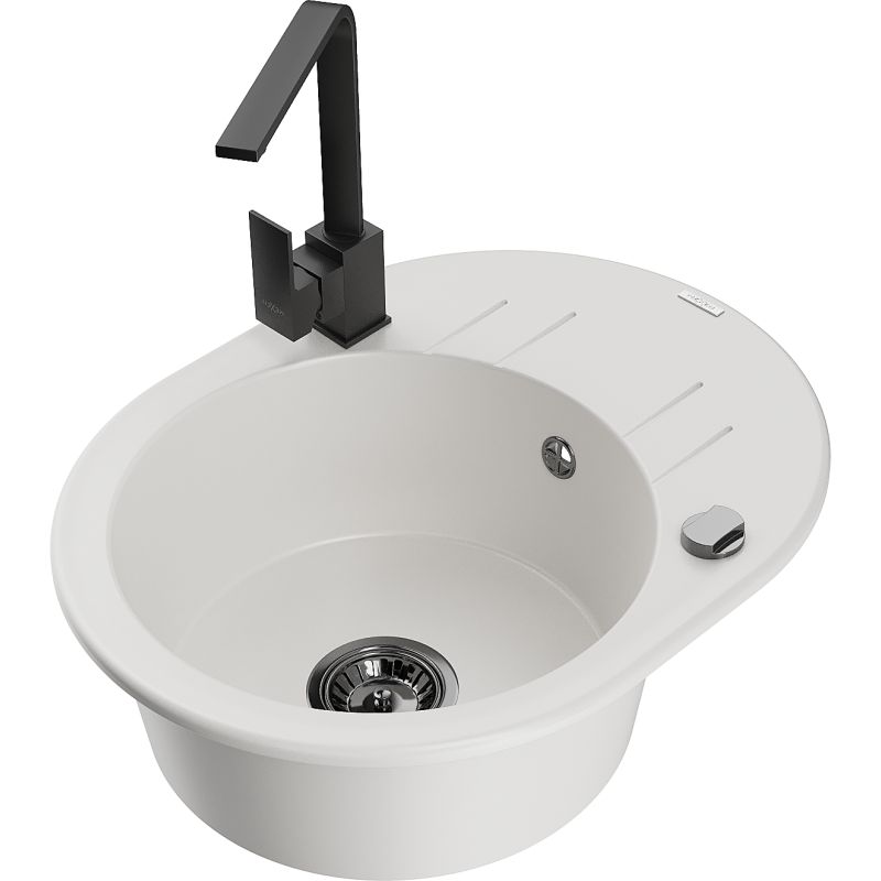 Zlewozmywak granitowy 1-komorowy Mexen Kevin z ociekaczem i baterią kuchenną Rita biały - 6517-20-670300-50 1 szt.