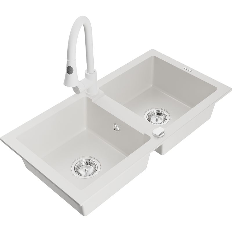 Zlewozmywak granitowy 2-komorowy Mexen Mario z baterią kuchenną Elia biały 6504-20-670101-20