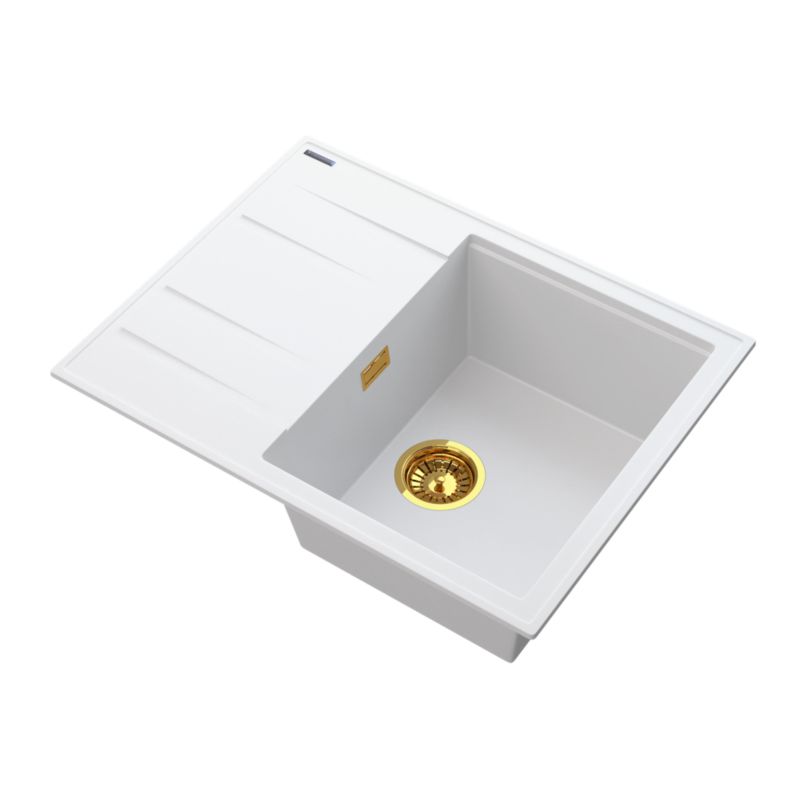 Zlewozmywak Granitowy Jednokomorowy z ociekaczem Granitan Lugo Biały Zestaw Zlew Syfon Złoty 1 kpl.