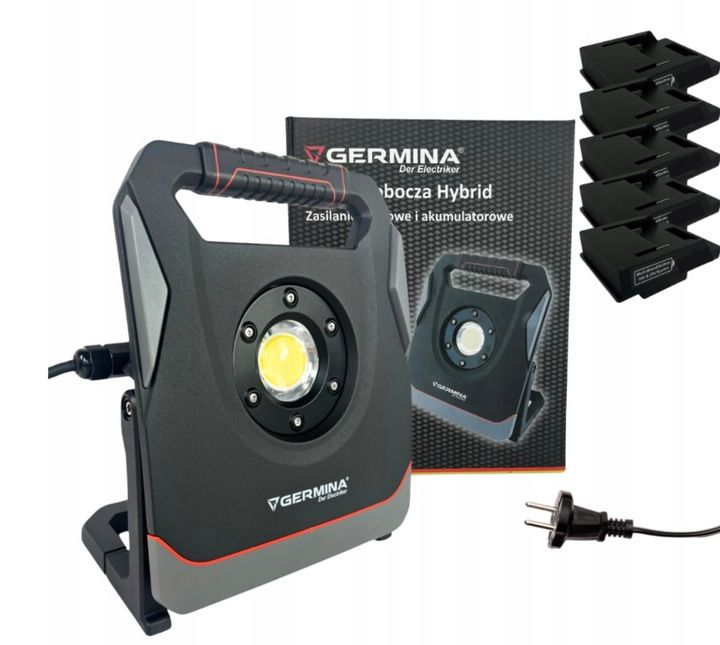Naświetlacz LED Germina do akumulatora lub prąd 2w1 65W + adaptery Bosch, Metabo, Makita, Milwaukee, DeWalt, Stanley 1szt.