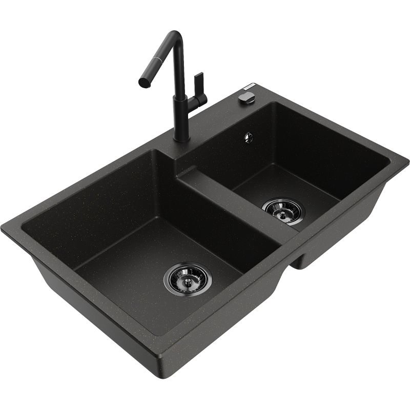 Zlewozmywak granitowy 2-komorowy Mexen Tomas z baterią kuchenną Flora czarny/złoty metalik - 6516-75-670401-57-G 1 szt.