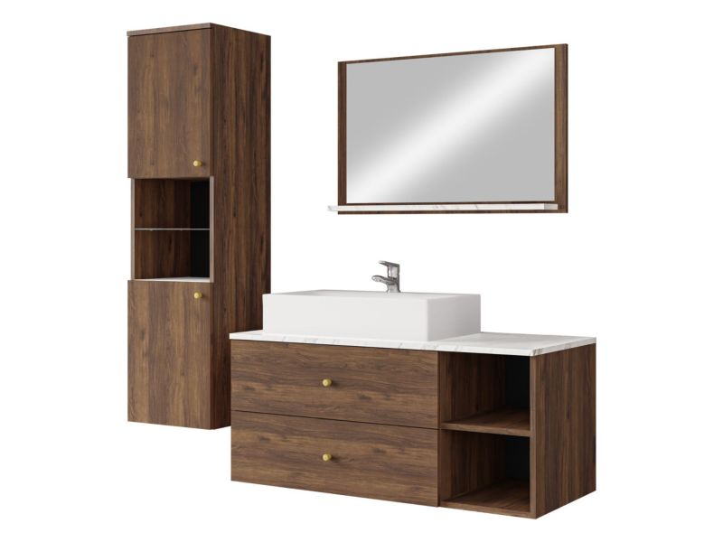 Meble łazienkowe MIRJAN 24 Kertos II orzech warmia ryfle/orzech warmia/marmur bianco 1 kpl.