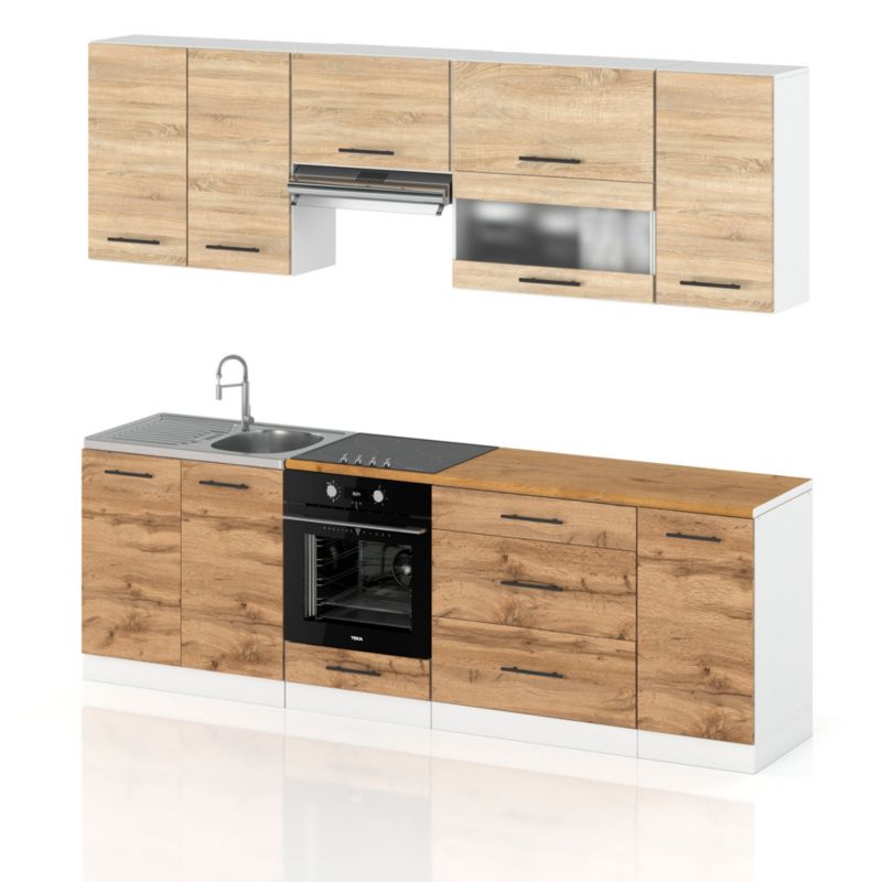 Zestaw Kuchenny Hurtownia-Mebli Z Blatem Kuchnia Marocco 260cm Biały Mat Dąb Sonoma/Dąb Wotan 260x52x157 cm 1szt.
