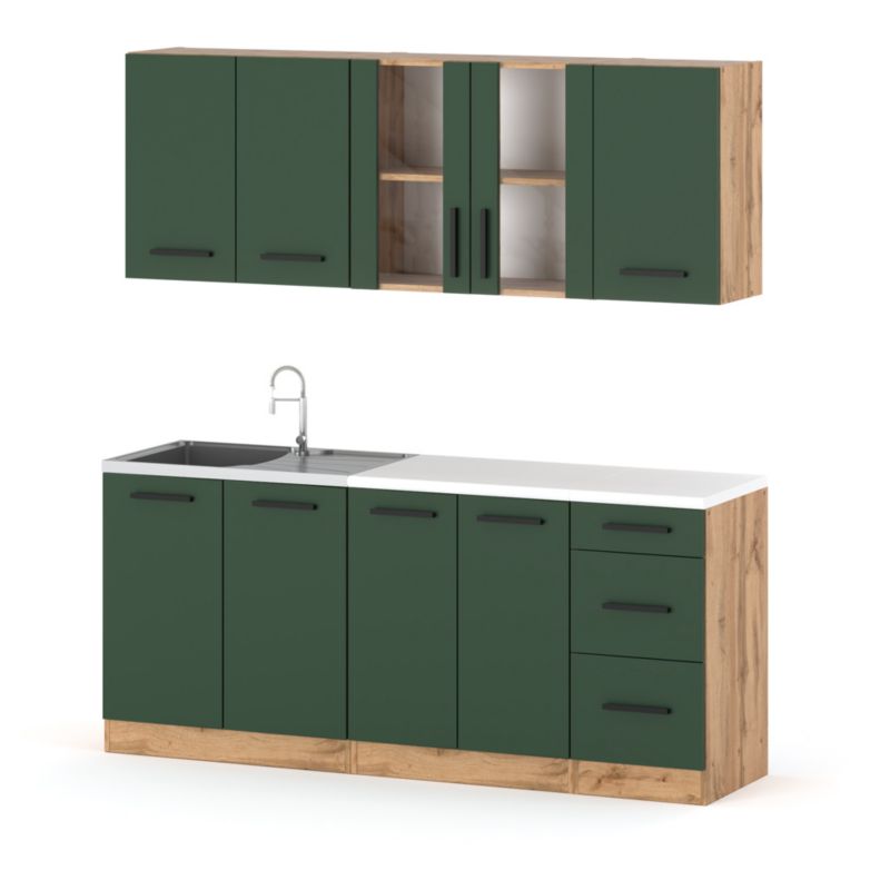 Zestaw Kuchenny Hurtownia-Mebli Z Blatem Kuchnia Rest 200cm Dąb Wotan Butelkowa Zieleń 200x47x145 cm 1szt.