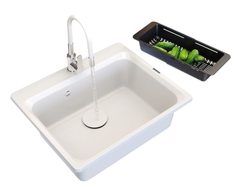 Zlewozmywak Granitowy Granitan Zante Biały Zestaw Bateria Kuchenna Koszyk Zaślepka Biała 1 szt.