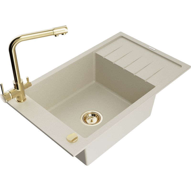 Zlewozmywak granitowy 1-komorowy Mexen Elias z ociekaczem i baterią kuchenną Duero beżowy - 6511-69-671600-69 1 szt.