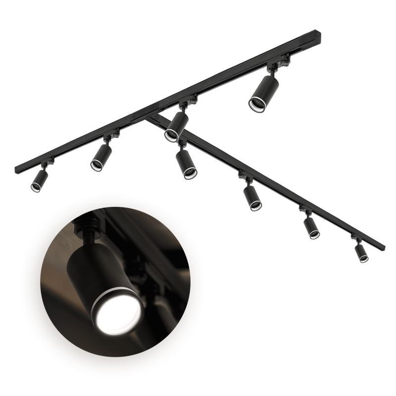 Zestaw Szynowy 3-fazowy Kobi 8x Lampa na GU10 +Szyna 1m+1m+2m + Łącznik T czarny 1kpl.