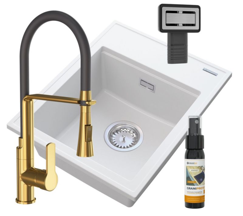 Zlewozmywak Granitowy Jednokomorowy Granitan Alor Biały Bateria Złota syfon 1 kpl.
