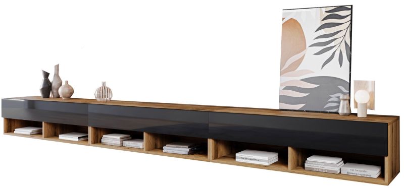 Szafka RTV MINIO go for it ANNE 300 cm dąb wotan/czarny połysk z oświetleniem LED 1 szt.