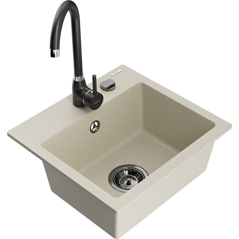 Zlewozmywak granitowy 1-komorowy Mexen Milo z baterią kuchenną Telma beżowy 6505-69-670200-70