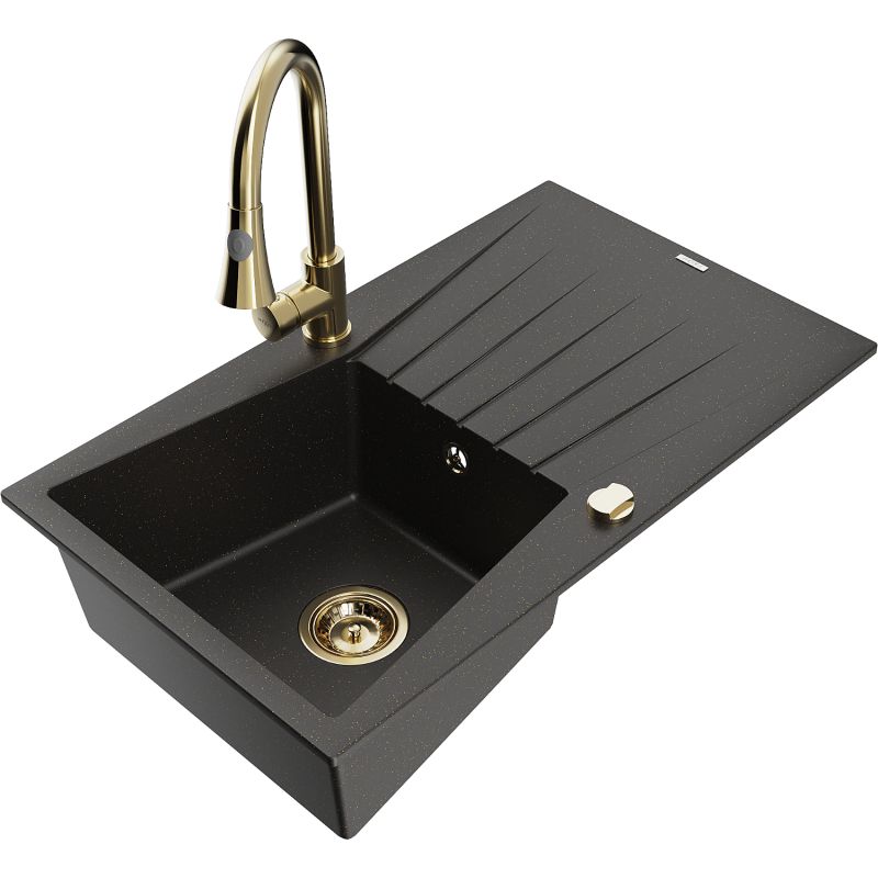 Zlewozmywak granitowy 1-komorowy Mexen Cesar z ociekaczem i baterią kuchenną Elia czarny/złoty metalik 6514-75-670101-50