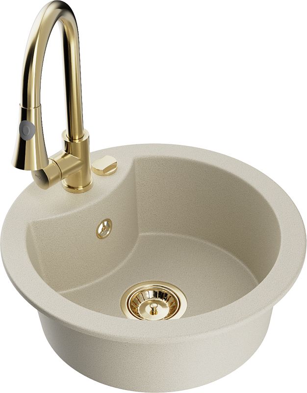 Zlewozmywak granitowy Mexen Diego 1-komorowy z baterią kuchenną Elia beżowy 6512-69-670101-50