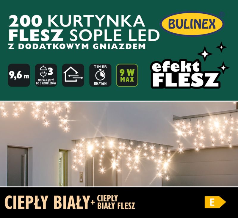 Kurtyna LED Bulinex 200L 9,6 m flesz z dodatkowym gniazdem barwa ciepła biała