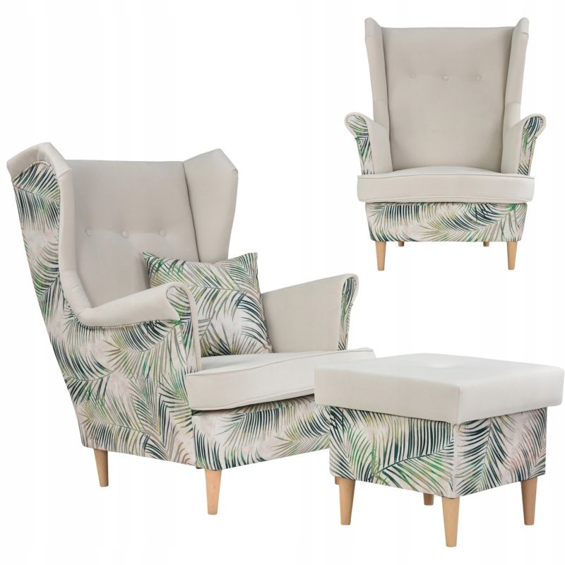 Fotel uszak do salonu z podnóżkiem Family Meble Ari Print Duo liście 1szt