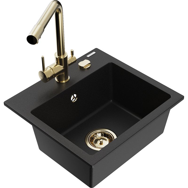 Zlewozmywak granitowy 1-komorowy Mexen Milo z baterią kuchenną Duero czarny - 6505-77-671600-50-B 1 szt.