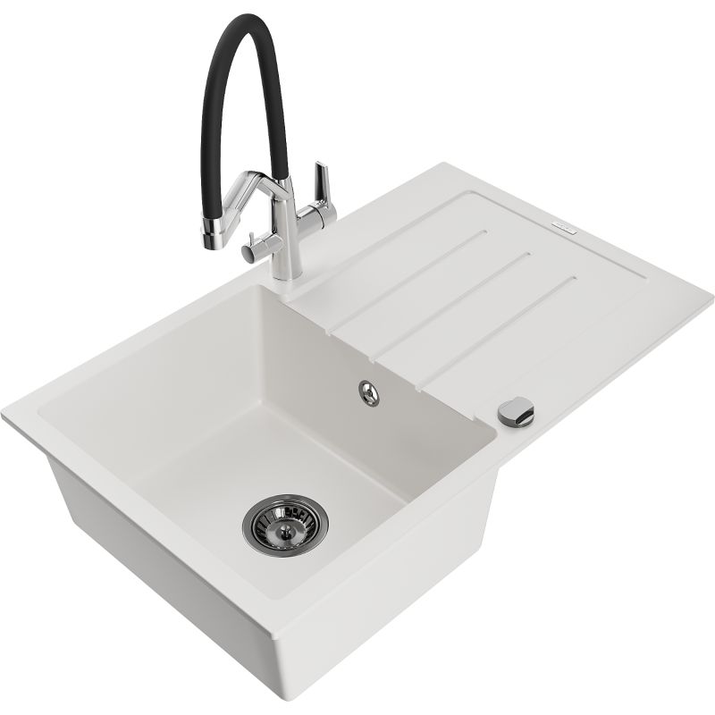 Zlewozmywak granitowy 1-komorowy Mexen Bruno z ociekaczem i baterią kuchenną Duo biały 6513-20-671701-07-B