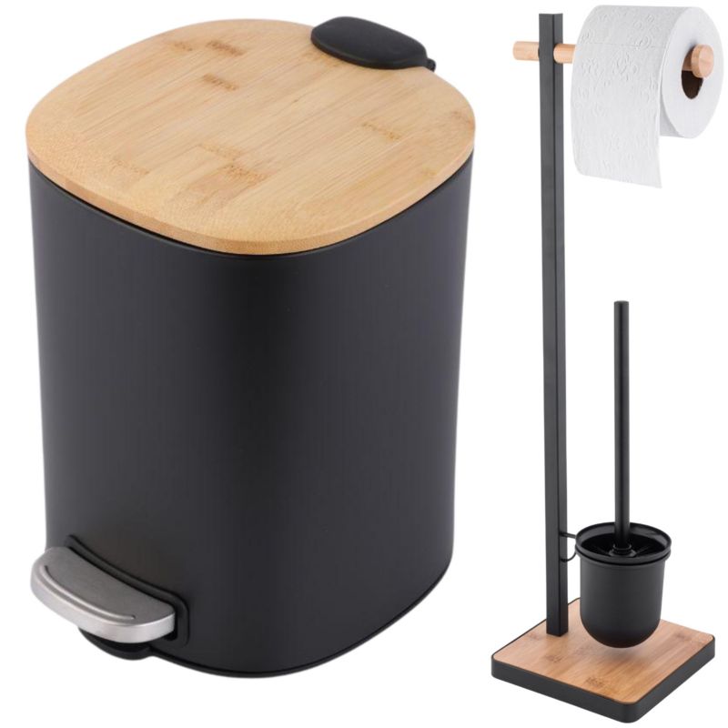 Zestaw łazienkowy Osti Tobak -YOKA HOME Stojak 2w1 Szczotka do WC z uchwytem na papier toaletowy i Kosz ma śmieci 5L CZARNY- 1szt.