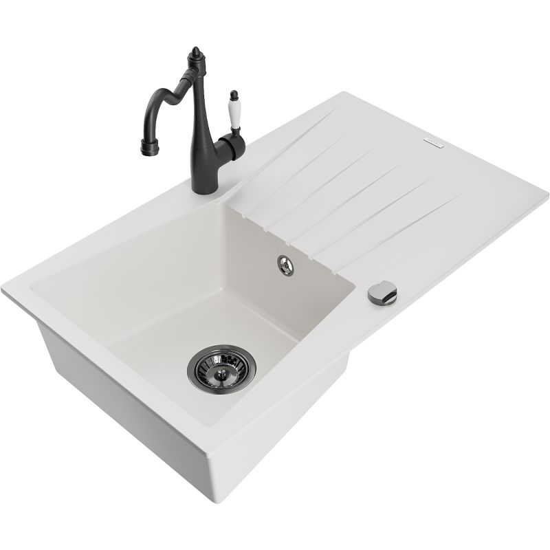 Zlewozmywak granitowy 1-komorowy Mexen Cesar z ociekaczem i baterią kuchenną Carla czarny nakrapiany - 6514-76-670700-76 1 szt.