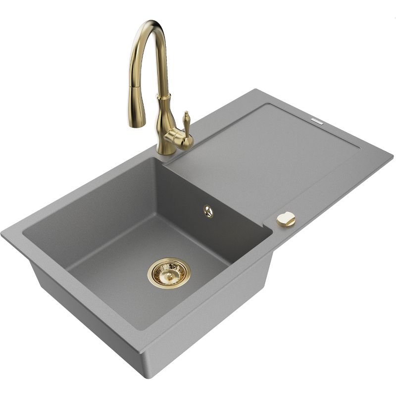 Zlewozmywak granitowy 1-komorowy Mexen Leo z ociekaczem i baterią kuchenną Savita szary 6501-71-672601-50