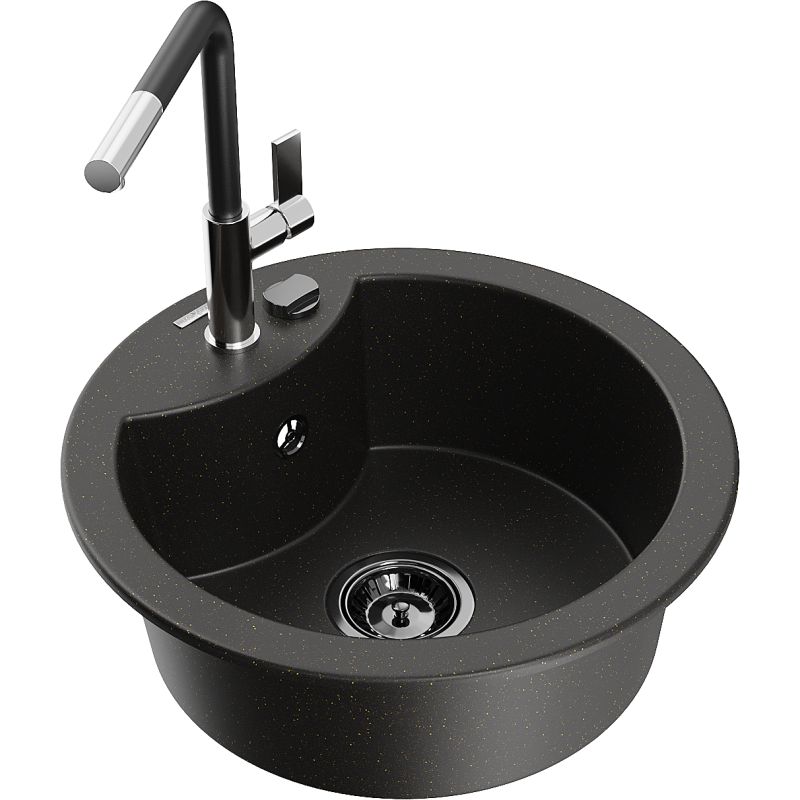 Zlewozmywak granitowy 1-komorowy Mexen Diego z baterią kuchenną Flora czarny/złoty metalik 6512-75-670401-07-B