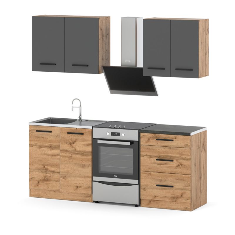 Zestaw Kuchenny Hurtownia-Mebli Z Blatem Kuchnia Mini Mokka 200cm Dąb Wotan Szary Mat/Dąb Wotan 200x47x145 cm 1szt.