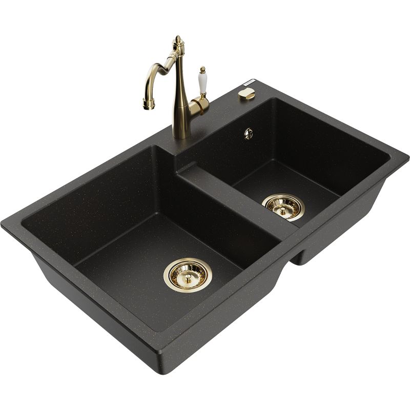 Zlewozmywak granitowy 2-komorowy Mexen Tomas z baterią kuchenną Carla czarny/złoty metalik 6516-75-670700-50