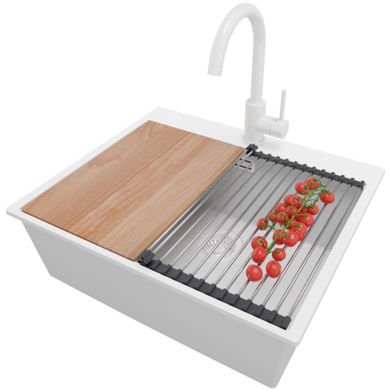 Zlewozmywak Granitowy Oslo PRIMAGRAN Nablatowy 58x50cm do szafki od 60cm z Syfonem i Baterią i Dodatkiem Cały Biały 1 szt.