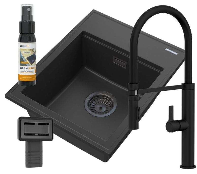 Zlewozmywak Granitowy Jednokomorowy Granitan Alor Czarny Zestaw Zlewozmywak Bateria Full czarna Syfon 1 kpl.