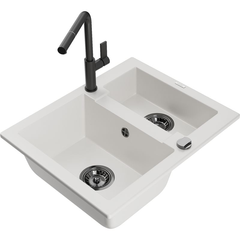 Zlewozmywak granitowy 1.5-komorowy Mexen Carlos z baterią kuchenną Flora czarny - 6518-77-670401-70-B 1 szt.