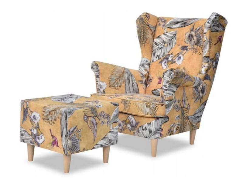 Fotel uszak do salonu z podnóżkiem Family Meble ARI PRINT musztarda 1szt
