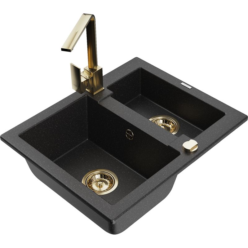 Zlewozmywak granitowy 1.5-komorowy Mexen Carlos z baterią kuchenną Rita czarny/złoty metalik - 6518-75-670300-70 1 szt.