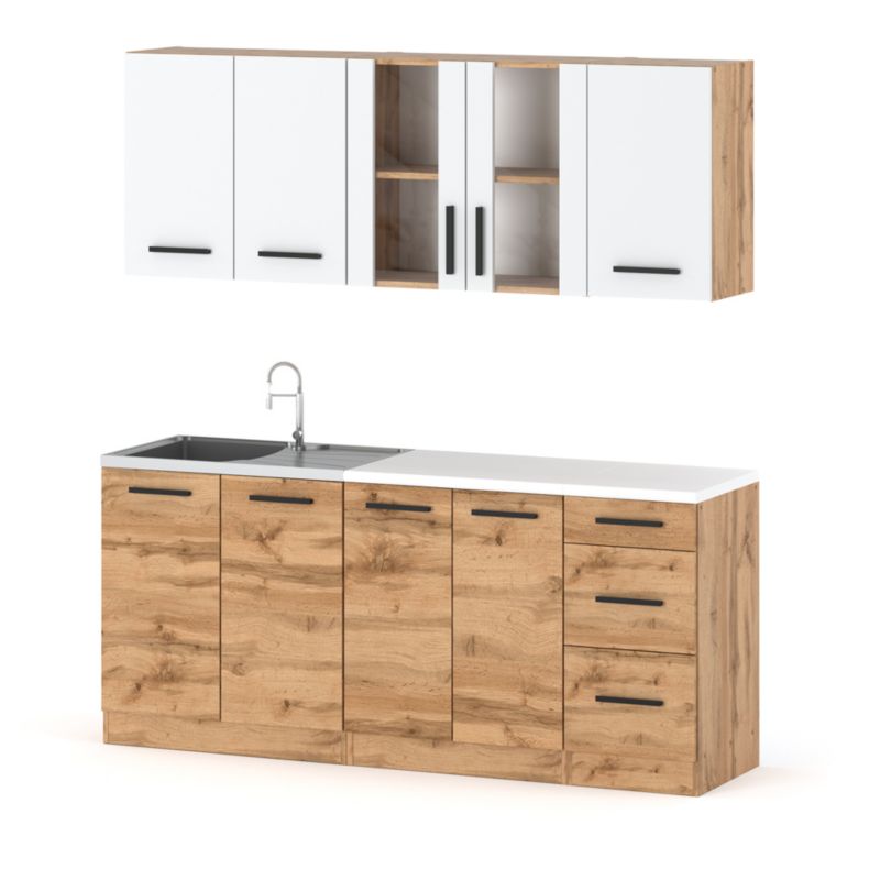 Zestaw Kuchenny Hurtownia-Mebli Z Blatem Kuchnia Rest 200cm Dąb Wotan Biały Mat/Dąb Wotan 200x47x145 cm 1szt.