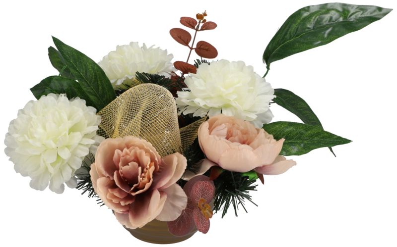 Kompozycja 5 kwiatów w misie kremowo-brązowe