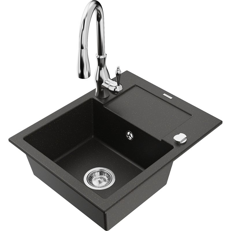 Zlewozmywak granitowy 1-komorowy Mexen Enzo z ociekaczem i baterią Savita czarny/złoty metalik - 6506-75-672601-70 1 szt.