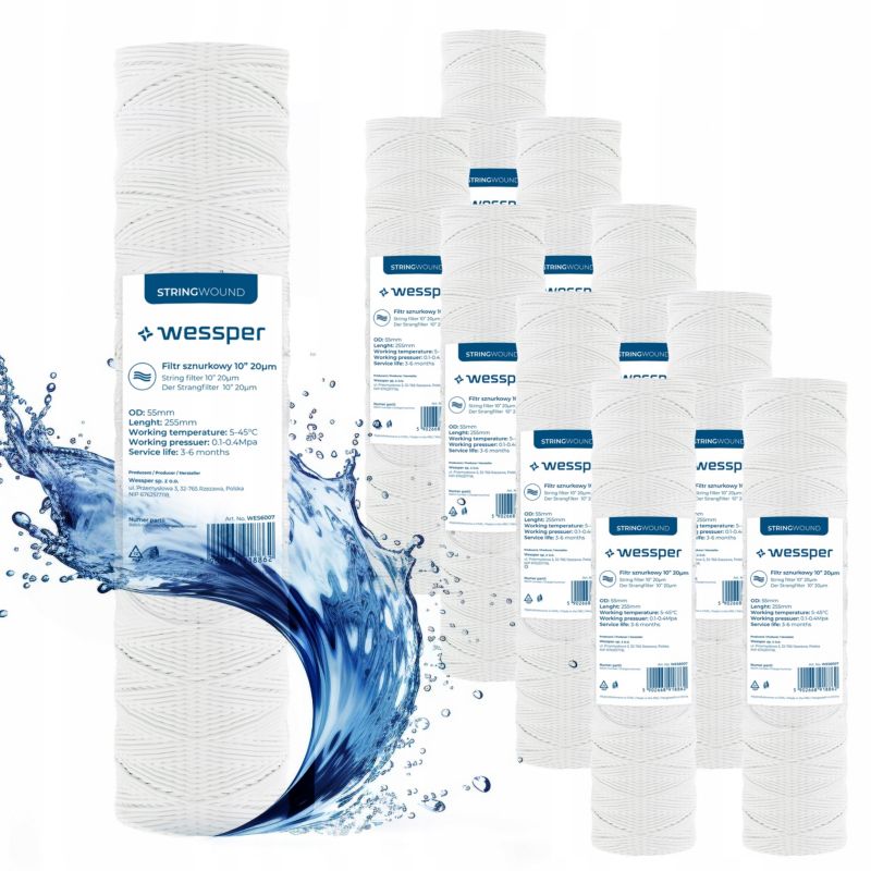 Wkład filtrujący, Wessper, filtr wody, sznurkowy, do filtracji wstępnej, 10", 20 mikron, PP20, 10szt