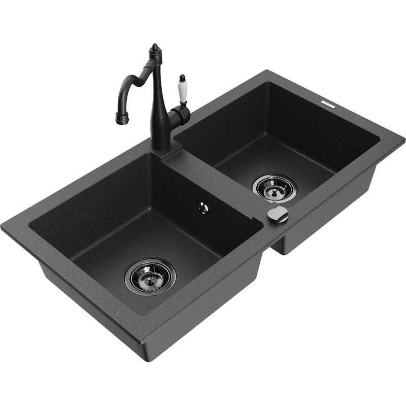 Zlewozmywak granitowy 2-komorowy Mexen Mario z baterią kuchenną Carla czarny nakrapiany 6504-76-670700-70-B