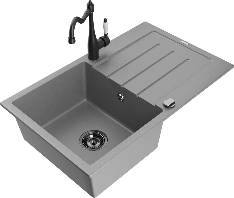 Zlewozmywak granitowy Mexen Bruno 1-komorowy z ociekaczem i baterią kuchenną Carla szary 6513-71-670700-70-B