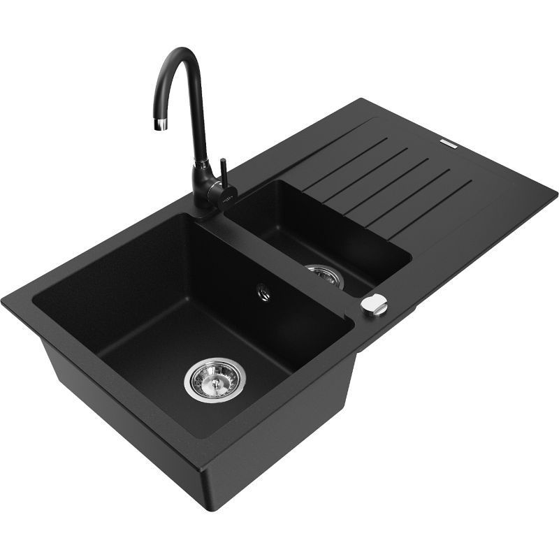 Zlewozmywak granitowy 1.5-komorowy Mexen Matias z ociekaczem i baterią kuchenną Telma czarny - 6502-77-670200-70-B 1 szt.