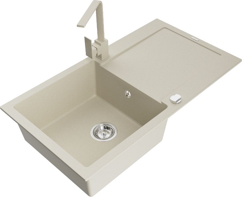 Zlewozmywak granitowy Mexen Leo 1-komorowy z ociekaczem i baterią kuchenną Rita beżowy - 6501-69-670300-70 1 szt.