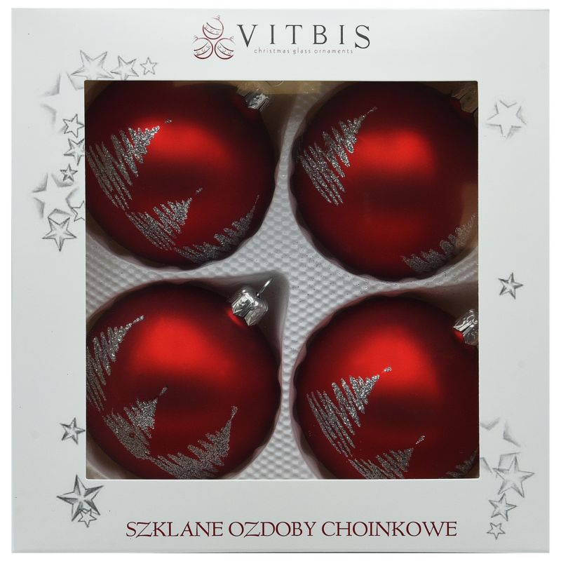 Bombki szklane Vitbis dekorowane proste 80 mm czerwone 4 szt.