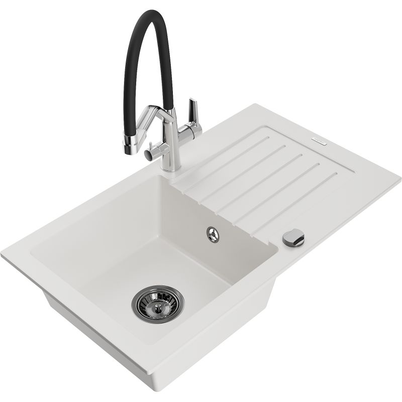 Zlewozmywak granitowy 1-komorowy Mexen Pablo z ociekaczem i baterią kuchenną Duo biały 6510-20-671701-07-B