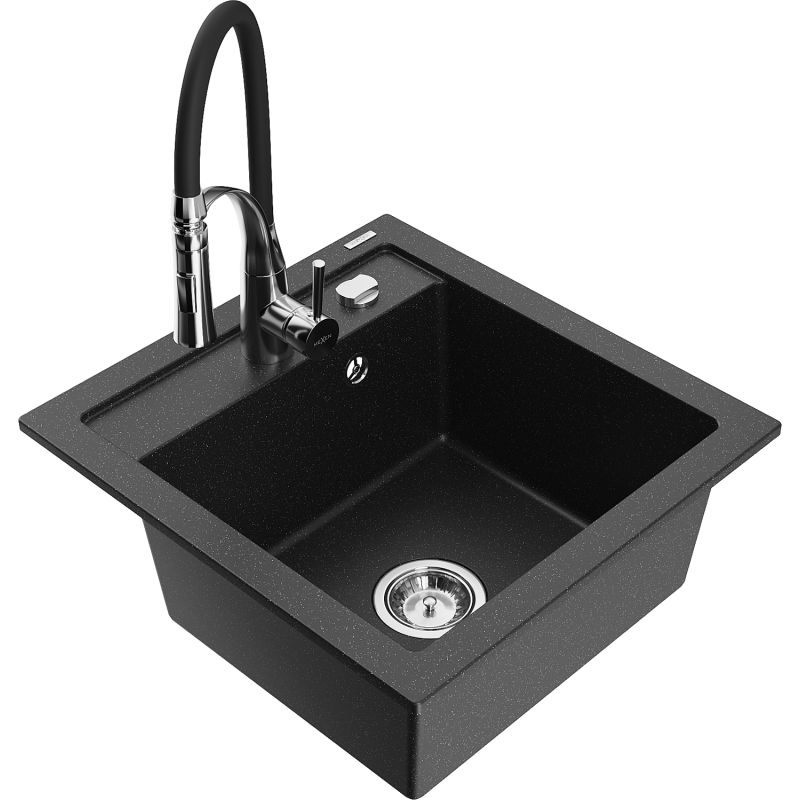 Zlewozmywak granitowy 1-komorowy Mexen Vito z baterią kuchenną Aster czarny/srebrny metalik 6503-73-73450-07