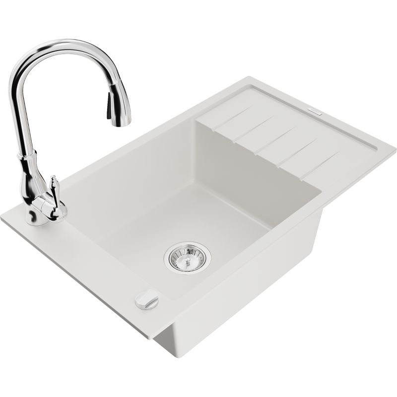 Zlewozmywak granitowy 1-komorowy Mexen Elias z ociekaczem i baterią kuchenną Savita biały - 6511-20-672601-70 1 szt.